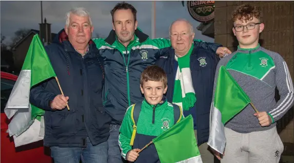  ??  ?? Na Gaeil GAA Supporters heading to Crok Park to support Na Gaeil in the Junior Club Football Final on Saturday, Seamus O’Neill, Eoghan Daly, John O’Callaghan, Seán O’Connor, and Terry McEnaney Photo by Joe Hanley