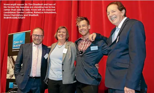  ??  ?? Invercargi­ll mayor Sir Tim Shadbolt and two of his former his deputies are standing toe to toe rather than side by side. From left are mayoral candidates Darren Ludlow, Rebecca Amundsen, Steve Chernishov and Shadbolt.
ROBYN EDIE/STUFF