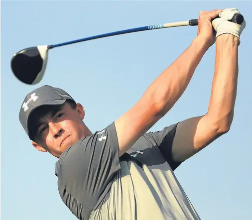  ??  ?? DRIVING AMBITION: Matthew Fitzpatric­k tees off on the 14th hole during yesterday’s pro-am in Dubai