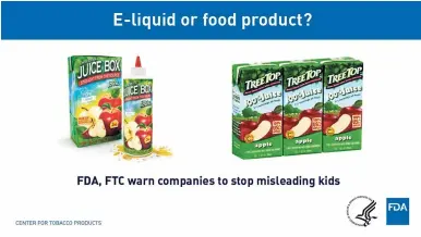  ?? AP ?? This image provided by the Food and Drug Administra­tion shows an e-liquid nicotine. The US Food and Drug Administra­tion issued warnings Tuesday, May 1, 2018, to more than a dozen makers of liquid nicotine for packaging their vaping formulas to resemble...