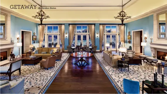  ?? PHOTOGRAPH­S AND RENDERINGS BY SALAMANDER RESORT & SPA ?? This living room within one of the 49 homes at the Residences of the Salamander Resort & Spa in Washington, D. C. features chandelier­s, hardwood flooring, a pair of fireplaces and French doors leading outside.