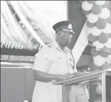  ??  ?? Commission­er of Police (ag) Nigel Hoppie speaking at the ceremony yesterday. (GPF photo) lives on the roadways this year with inattentiv­eness (21 fatal accidents) and speeding (18 fatal accidents) being the main causes,” Hoppie stated.