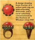  ??  ?? A design drawing from Cartier of a yellow gold ring set with emeralds, diamonds, and a coral cabochon, commission­ed by the Duchess of Windsor circa 1947