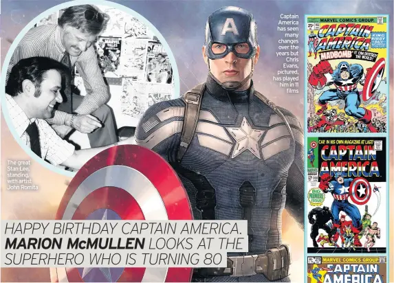  ??  ?? The great Stan Lee, standing, with artist John Romita
Captain America has seen
many changes over the years but
Chris Evans, pictured, has played him in 11
films