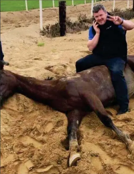  ??  ?? Shocking image: this picture of Irish trainer Gordon Elliott sitting astride a dead horse while talking