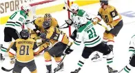  ?? (AP photo/ronda Churchill) ?? Dallas Stars left wing Jason Robertson (21) scores Saturday during Game 5 of the NHL hockey Stanley Cup Western Conference finals against the Vegas Golden Knights in Las Vegas.