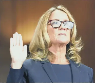  ??  ?? ‘HAUNTED’: Christine Blasey Ford is sworn in to testify before the Senate Judiciary Committee on Capitol Hill in Washington.