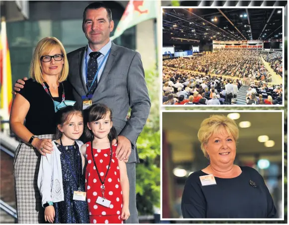  ?? RICHARD SWINGLER ?? Emma and Philip Olsen with their children Megan, left, and Lucy. Inset above, yesterday’s convention in Cardiff and, below, Sue Mumford