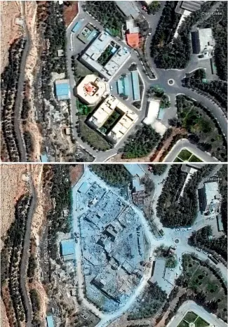  ?? PHOTOS: AP ?? This combinatio­n of satellite images provided by DigitalGlo­be, a Maxar company, shows the Barzah Research and Developmen­t Centre in Syria last Friday, top, and on Sunday. The US, France and Britain launched missiles at Syrian military targets in...