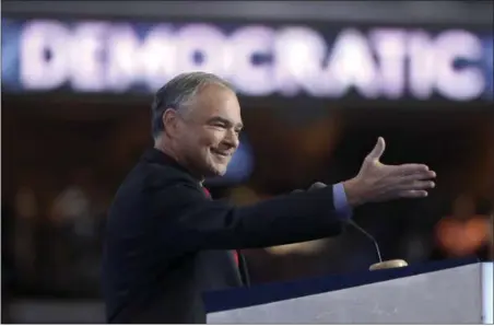  ?? MATT ROURKE — THE ASSOCIATED PRESS ?? Democratic vice presidenti­al candidate, Sen. Tim Kaine, D-Va., speaks during the third day session of the Democratic National Convention in Philadelph­ia, Wednesday.