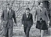  ??  ?? Prince Charles at Gordonstou­n with his father and Captain Iain Tennant, a school governor; right, Clare Foy as the Queen with young Charles and Anne in The Crown