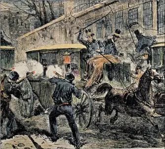  ??  ?? EL ASESINATO
Ilustració­n que recrea el momento en que los pistoleros asaltan el carruaje de Prim en la calle del Turco, el 27 de diciembre de 1870.