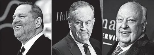  ?? ROBYN BECK/GETTY-AFP 2014 ILYA S. SAVENOK/GETTY 2016 DENNIS VAN TINE/ZUMA PRESS 2015 ?? Accusation­s against Harvey Weinstein, left, and the firings of Fox host Bill O’Reilly and Fox News chief Roger Ailes, right, have spurred sales of policies covering employment liability.