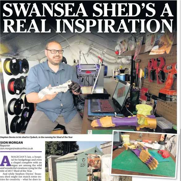  ??  ?? Stephen Davies in his shed in Clydach, in the running for Shed of the Year