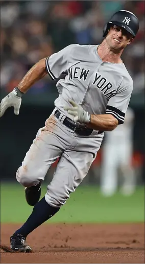  ?? AP PHOTO BY GAIL BURTON ?? New York Yankees’ Brett Gardner runs to third on a single by Mike Tauchman against the Baltimore Orioles in the fifth inning of a baseball game, Monday, Aug. 5, 2019, in Baltimore.