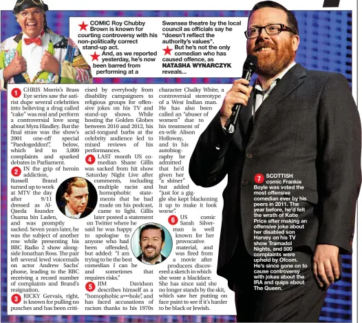  ??  ?? SCOTTISH comic Frankie Boyle was voted the most offensive comedian ever by his peers in 2011. The year before, he’d felt the wrath of Katie Price after making an offensive joke about her disabled son Harvey on his TV show Tramadol Nights, and 500 complaints were upheld by Ofcom. He’s since gone on to cause controvers­y with jokes about the IRA and quips about The Queen.