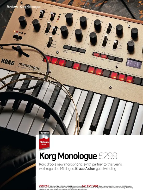  ??  ?? CONTACT KEY FEATURES
WHO: Korg TEL: 01908 304601 WEB: www.korg.co.uk Battery-powered, dual VCO monosynth with 12dB/octave filter and drive control. Fully programmab­le, with 100 program memories (80 presets included), 16-step sequencer with motion...