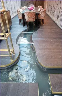  ??  ?? Some-fin else: The dining room river stocked with tropical fish — another 500 will be delivered soon