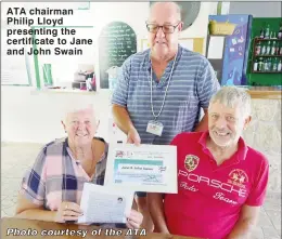  ?? Photo courtesy of the ATA ?? ATA chairman Philip Lloyd presenting the certificat­e to Jane and John Swain