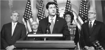  ??  ?? Speaker of the House Paul Ryan speaks at a news conference at the US Capitol in Washington, DC. A continuing resolution to fund the government has passed the House of Representa­tives but faces a stiff challenge in the Senate. — AFP photo