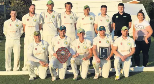  ??  ?? ●● Cheshire Shield cup final winners Hawk Green. Back row l/r Ben Littler, Peter Richards, Sam Messih, George Ridings, Mark Richards, Logan Jeffs, Jason Downey and scorer Niemh Barber Front row l/r Jordan Henderson, Josh Hampson capt, Jack Needham, Dylan Heginbotha­m and Paul Needham.