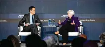  ?? AMANDA ANDRADE-RHOADES/THE NEW YORK TIMES ?? Treasury Secretary Janet Yellen speaks with columnist Andrew Ross Sorkin at the New York Times Dealbook Conference in Washington on Thursday.