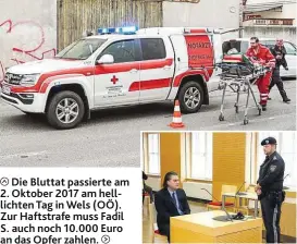  ??  ?? Die Bluttat passierte am 2. Oktober 2017 am helllichte­n Tag in Wels ( OÖ). Zur Haftstrafe muss Fadil S. auch noch 10.000 Euro an das Opfer zahlen.