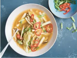  ?? LINDA XIAO/THE NEW YORK TIMES ?? Frozen dumplings add heft to this hot and sour soup.