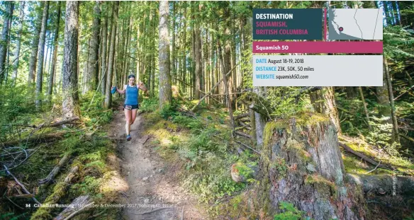  ??  ?? DESTINATIO­N SQUAMISH, BRITISH COLUMBIA Squamish 50 DATE August 18–19, 2018 DISTANCE 23K, 50K, 50 miles WEBSITE squamish50.com