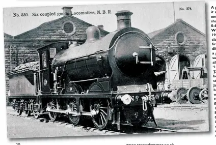 ??  ?? A postcard view that is valuable because it shows the rarely seen arched entrances to Carlisle Canal’s wagon shop. Nearly new NBR Reid class ‘329’ 0-6-0 No 330 is not long out of Cowlairs Works, where it was completed in July 1906. The first two members of this class, Nos 329 and 330, had shorter fireboxes (6ft instead of 6ft 4in), a different tube arrangemen­t and with it a greater heating surface than the subsequent 12 engines (and collective­ly all 74 other 0-6-0s of types ‘848’, ‘329’, ‘197’ and ‘38’ that went on to become ‘J35’ post-grouping), these oddities becoming known as ‘J35/2’ until given standard boilers in March 1924 and January 1926 respective­ly, thereupon becoming ‘J35/1’. The pictured engine would become LNER No 9330 and then No 4471 (September 1946), and finally British Railways No 64471 (May 1948), by which time it was based at Stirling. Moved to Canal shed in October 1951, it departed three years later, for Polmadie, Glasgow, where it would leave service on 9 June 1961, moving north to Inverurie for scrapping.