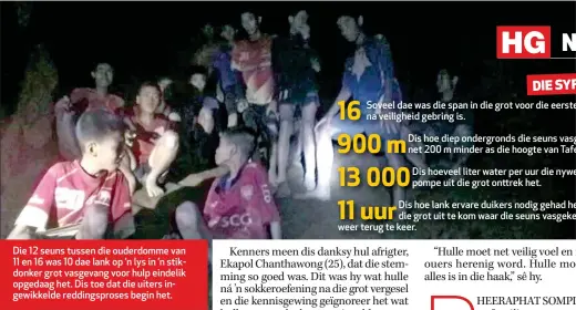  ??  ?? Die 12 seuns tussen die ouderdomme van 11 en 16 was 10 dae lank op ’n lys in ’n stikdonker grot vasgevang voor hulp eindelik opgedaag het. Dis toe dat die uiters ingewikkel­de reddingspr­oses begin het.