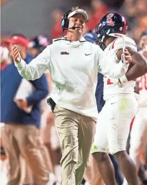  ?? BRIANNA PACIORKA/NEWS SENTINEL ?? “I don’t think you’re really going to stop (faking injuries) until the guy has to stay out for so many plays,” Mississipp­i head coach Lane Kiffin says.