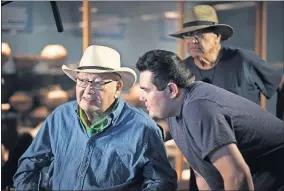  ?? [YOUNSUN PALMER PHOTOS] ?? From left, N. Scott Momaday, consultant Gus Palmer, and director/producer Jeffrey Palmer appear on the set of the documentar­y “Words from a Bear” in Santa Fe, New Mexico.