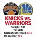  ??  ?? Tonight, 7:30
TV: MSG Golden State record: 43-4 On pace for: 75-7