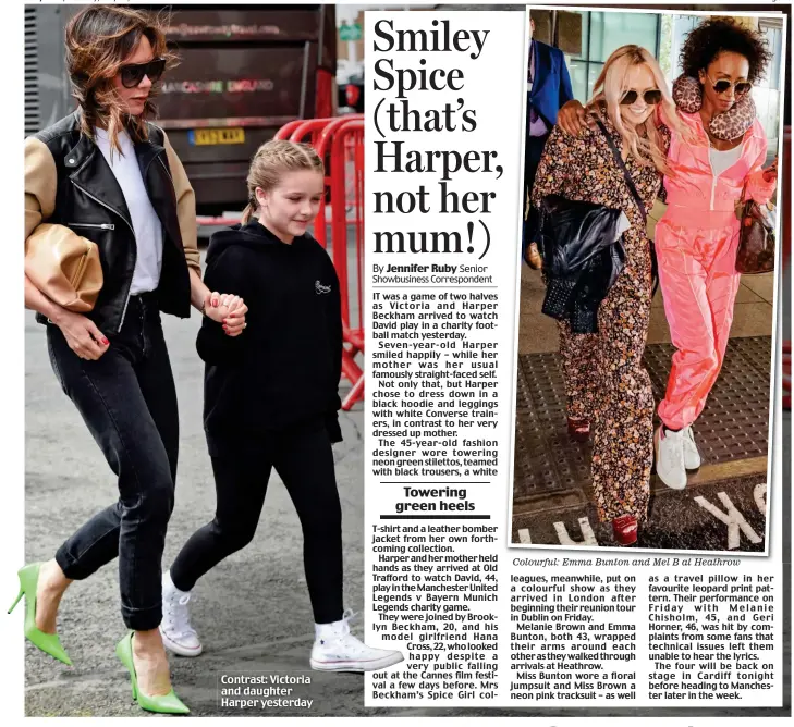  ??  ?? Contrast: Victoria and daughter Harper yesterday Colourful: Emma Bunton and Mel B at Heathrow