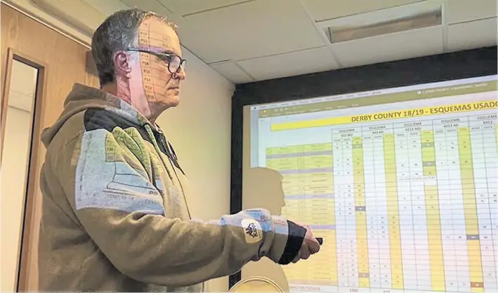  ??  ?? Tapado de números. Bielsa explicó en detalle mediante un proyector cómo había analizado los últimos 52 partidos del Derby County, su rival de la última fecha del Championsh­ip.