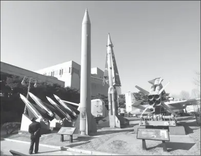  ?? Ahn Young-joon/AP ?? Missile: a mock North Korea's Scud-B missile, center left, and South Korean missiles are displayed at Korea War Memorial Museum in Seoul, South Korea. North Korea on Monday fired a projectile into the waters off its east coast, South Korea's military...