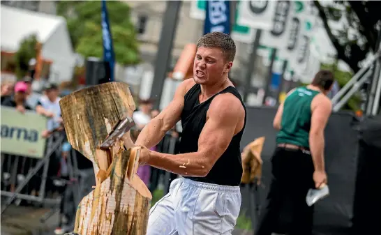  ?? PHOTO: DAVID UNWIN/FAIRFAX NZ ?? Jack Jordan from Taranaki cuts through a log during the trans-tasman wood chopping champs.