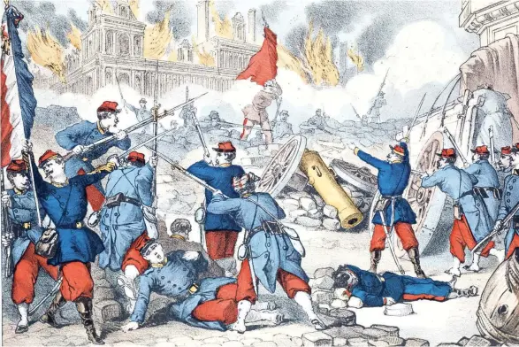  ??  ?? Barrikaden­kampf vor dem Pariser Rathaus im Frühjahr 1871. Wie damals von der Reaktion gewaltsam bekämpft, wird die Pariser Kommune heute von Apologeten des Kapitals verleumdet.