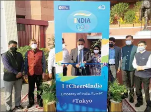  ??  ?? The Indian Embassy in Kuwait organized a selfie event at its premises to wish good luck to Indian athletes who will be representi­ng 1.3 billion people at the Tokyo Olympics in spite of harsh conditions imposed by the Covid -19 pandemic.