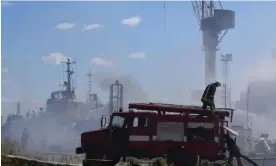  ?? Photograph: Odesa City Hall Press Office Han/EPA ?? The aftermath of a missile strikes on the port of Odesa.