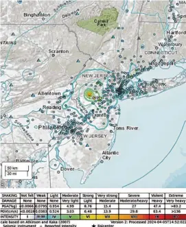  ?? United States Geological Survey/Contribute­d image ?? The United States Geological Survey confirmed the tremors felt by residents was a 4.8 magnitude earthquake that occurred on Friday, April 5, shortly before 10:30 a.m. centered near Lebanon, N.J., or about 45 miles west of New York City and 50 miles north of Philadelph­ia.