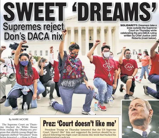  ??  ?? SOLIDARITY: Dreamers take a knee outside the Supreme Court on Thursday while celebratin­g the pro-DACA ruling written by Chief Justice John Roberts (inset below).