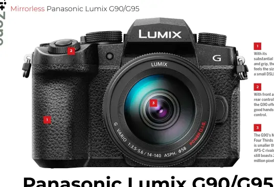  ??  ?? 1 With its substantia­l body and grip, the G90 feels the size of a small DSLR. 2 With front and rear control dials, the G90 offers good hands-on control. 3 The G90’s Micro Four Thirds sensor is smaller than APS-C rivals, but still boasts 20.3 million pixels.