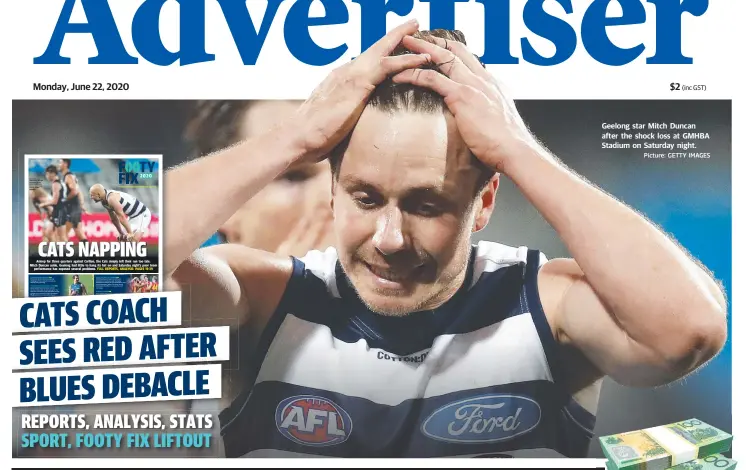  ?? Picture: GETTY IMAGES ?? Geelong star Mitch Duncan after the shock loss at GMHBA Stadium on Saturday night.