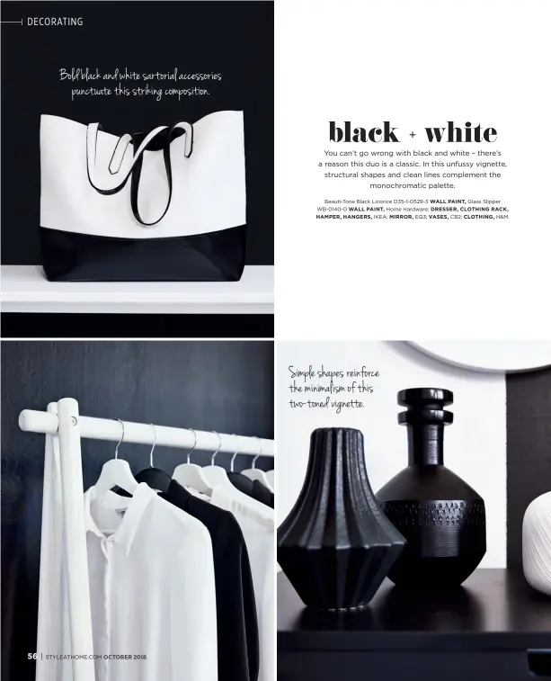  ??  ?? Bold black and white sartorial accessorie­s punctuate this striking compositio­n. Simple shapes reinforce the minimalism of this two-toned vignette.