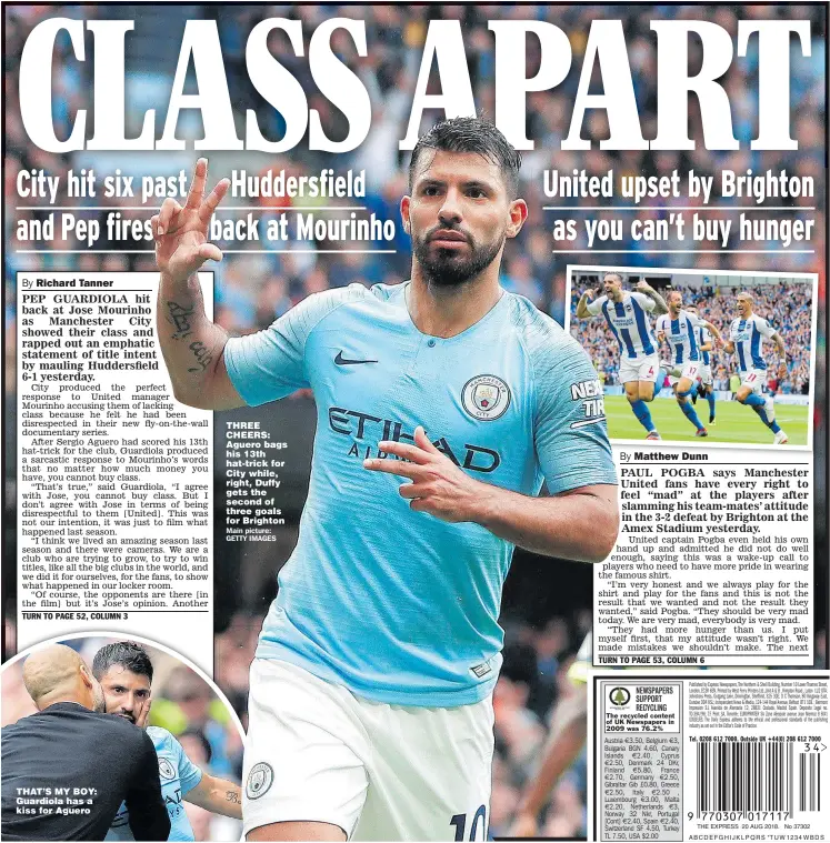  ??  ?? THAT’S MY BOY: Guardiola has a kiss for Aguero THREE CHEERS: Aguero bags his 13th hat-trick for City while, right, Duffy gets the second of three goals for Brighton