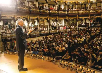  ?? ?? Michael Sandel speaks to a packed house in Cartagena, Colombia, in a file photo. The Harvard professor has taught a course of justice for more than two decades that is among the university’s most popular.