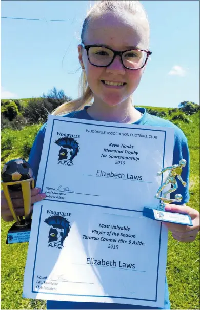  ??  ?? Elizabeth Laws with her certificat­es from the 2019 prize-giving, including the Kevin Hanks Memorial Trophy for Sportsmans­hip.