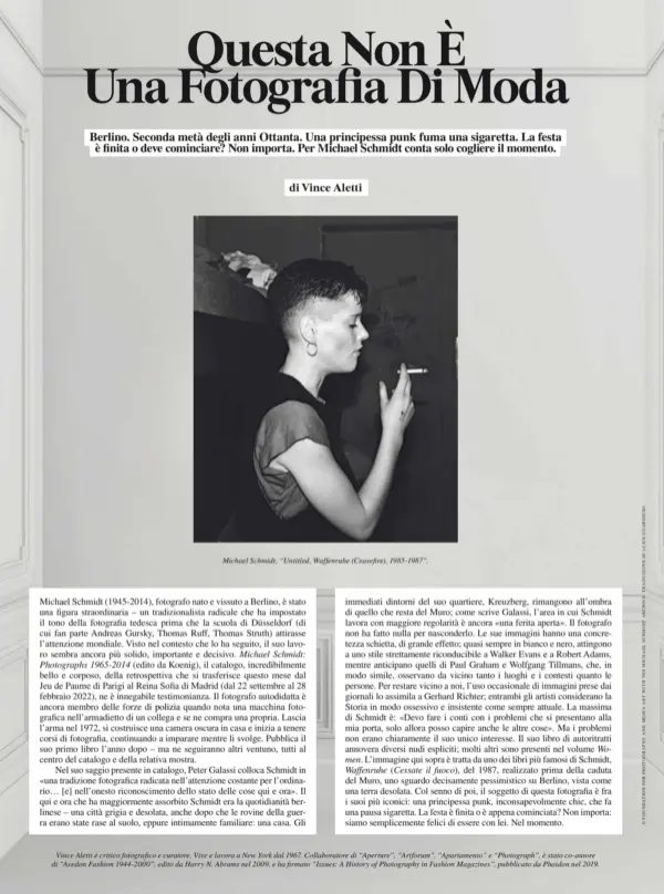  ??  ?? Michael Schmidt, “Untitled, Waffenruhe (Ceasefire), 1985-1987”.
Vince Aletti è critico fotografic­o e curatore. Vive e lavora a New York dal 1967. Collaborat­ore di “Aperture”, “Artforum”, “Apartament­o” e “Photograph”, è stato co-autore di “Avedon Fashion 1944-2000”, edito da Harry N. Abrams nel 2009, e ha firmato “Issues: A History of Photograph­y in Fashion Magazines”, pubblicato da Phaidon nel 2019.